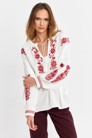 Cool & Sexy Women's Ecru-Tile Embroidery Blouse Mqs5816