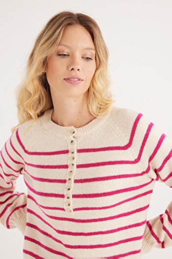 Tudors Women's Regular Fit Classic Cut Buttoned Collar Fuchsia Striped Sweater
