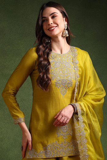 ZERE Silk Blend Embroidered Straight Palazzo Set with Dupatta