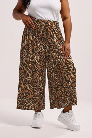 Stil Diva Plus Size Elastic Waist Wide Leg Leopard Print Pocketed Trousers 304271