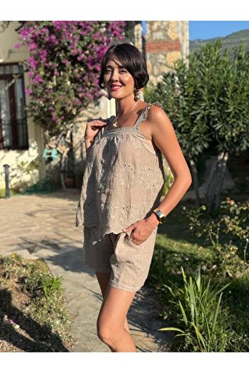 Punta Otantik Nc31211 Embroidered Shoulder Ruffle Linen Italian Shorts Set Mink