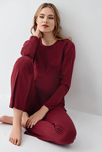 Arnetta Women's Burgundy Uzunkol Pajama Set, 50% Cotton 50% Modal