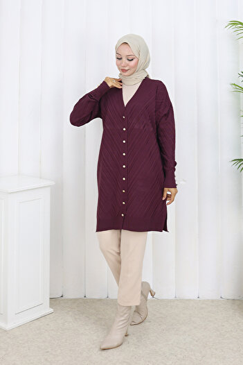 benguen Patterned Long Mercerized Cardigan N3198 Plum