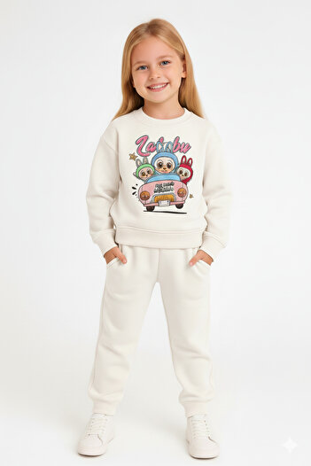 LİTTLE TORTOİSE Girl's Labubu Printed Sweatshirt Tracksuit Set