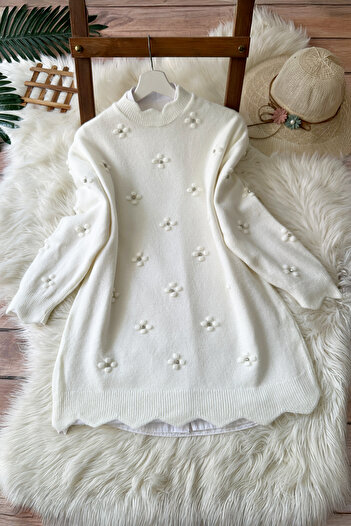 MODAQU Stone Detailed Soft Sweater Tunic - Ecru