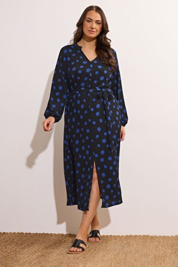 Stil Diva Plus Size Long Sleeve V-Neck Belted Polka Dot Long Dress 615816