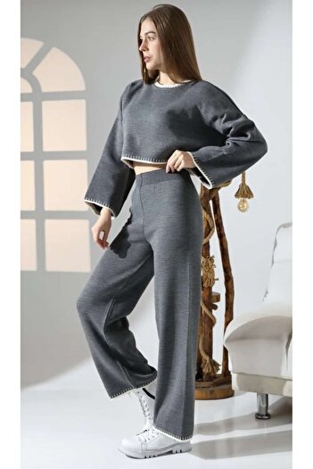 Cemre Life Gray Women's Two-Piece Knitwear Set – Crop Blouse & Loose Pants