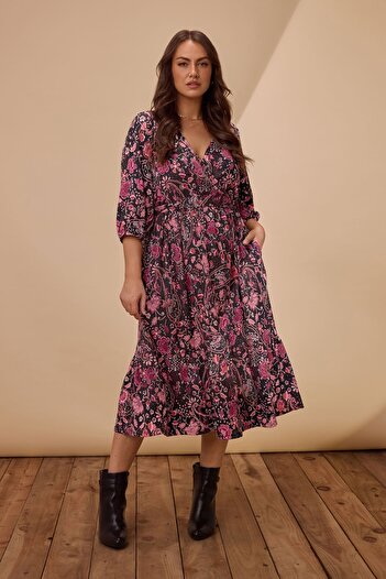 Stil Diva Plus Size Elastic Waist V-Neck Patterned Long Wrap Dress 616311