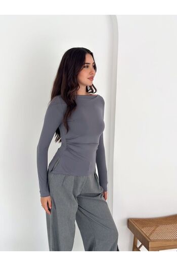 ALLEYTA Women's Boat Neck Gathered and Slit Detailed Asymmetrical Blouse 3884