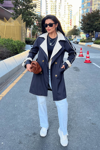 giyimmasalı Bondit Fabric Design Trench Coat - Dark Blue