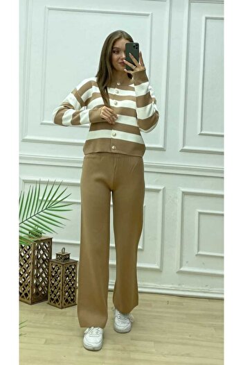 Cemre Life Stylish Women's Knitwear Two-Piece Set – Striped Cardigan and Wide-Leg Pants