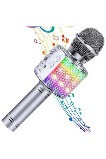 StartONTeam Microfon karaoke portabil 5 în 1 pentru copii, cu Bluetooth, difuzor, USB, card SD, argintiu