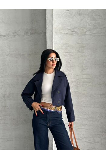ParlaMira Women's Navy Blue Crop 100% Cotton Gabardine Windbreaker Detailed Buttoned Lined Premium Trench Coat