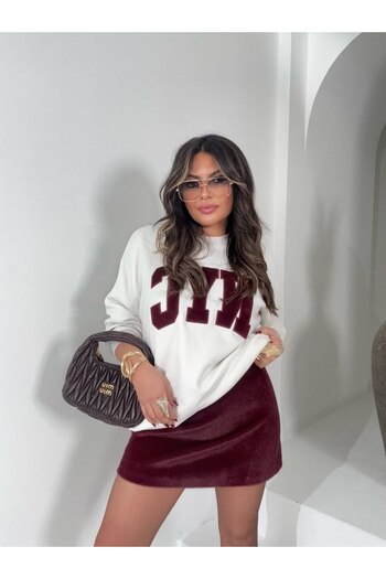 369 etnik butik Nyc Printed Women's Sweatshirt & Skirt Set (White - Burgundy)