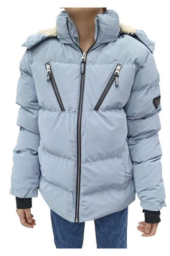 İrem Çocuk Giyim Boy/Girl's Cross-Zipper Model Coat with Detachable Hood and Plush Lining Inside in Ice Blue Color