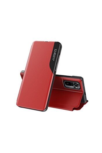 Bibilel Leather View Case for Xiaomi Redmi Note 10 and Redmi Note 10S, Flip Cover, Red