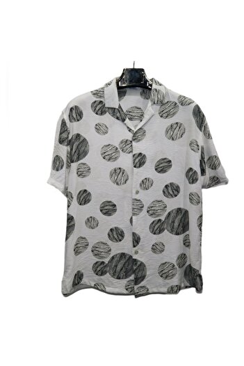 Red Planet Men’s Summer White Short Sleeve Shirt with Colorful Circle Prints