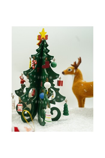 Flippy Christmas Decoration, Tree, Green, 6 Cavities with Ornaments, 12 cm x 20 cm, Wood,