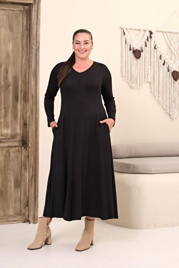 Truva XXL Plus Size Black V-Neck Full Length Dress – Viscose Lycra Comfortable Elegance