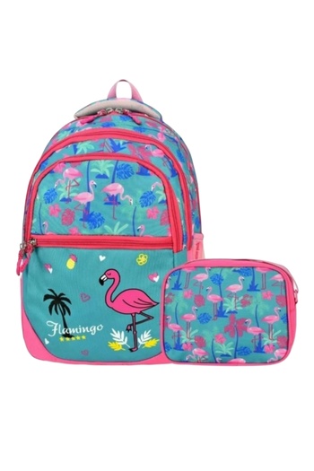 KY Girl's Primary School Orthopedic Flamingo Turquoise 2-Piece Bag Set with 4 Compartments, Water Bottle and Lunch Box