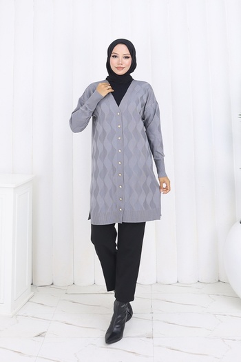 benguen Patterned Long Mercerized Cardigan N3239 Gray
