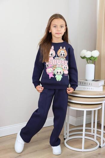 MUMİKİDS 3 Thread Labubu Printed Girls' Double-Layered Wide-Leg Ruffled Bottom Top Tracksuit Set