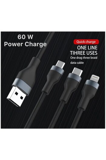 Bibilel 3 in 1 Turbo Charge 60W Charging Cable, Lightning, Type-C, Micro USB, 1.5m, Black, SUN-BBL5322