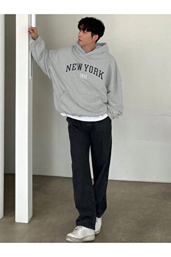 AFROGİYİM Unisex New York 199X Printed Raised 2 Thread Hooded Sweatshirt