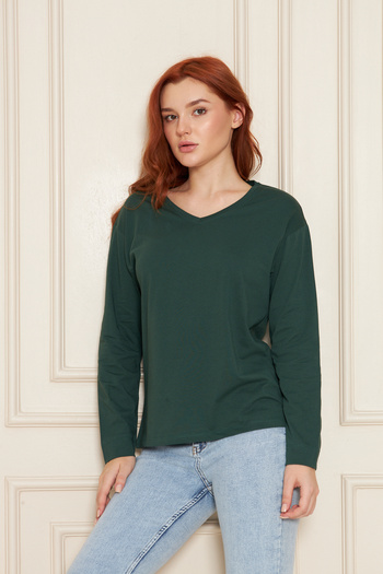 Tight Lady Emerald 100% Organic Cotton V-Neck Soft Textured Regular Fit Comfortable Cut Long Sleeve Combed Cotton T-Shirt