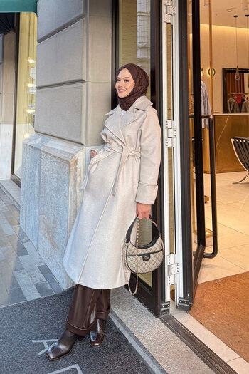 LOCCO Women's Double Breasted Collar Cashmere Coat Stone