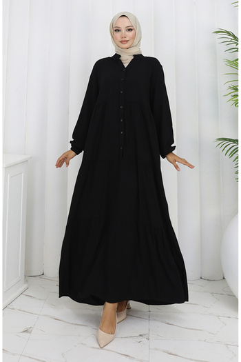 sefamerve Viscose Fabric Half Button Dress 4125-07 Black