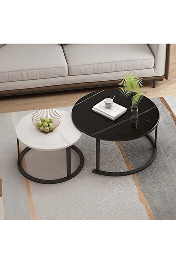 AGD 2 Pieces Table Set, Round Nesting Storage Coffee Tables with Open Shelf Simple Marble Design for