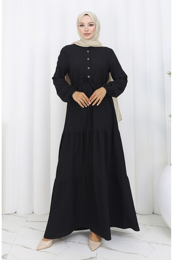 sefamerve Elastic Sleeve Waist Tied Dress 2158-02 Black