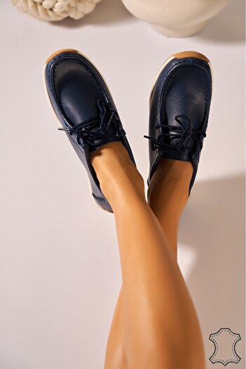 Joana Women's Navy Leather Moccasins - Size 40