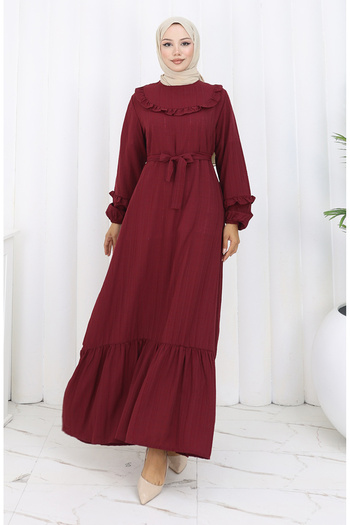 sefamerve Ruffled Belted Dress 2159-03 Burgundy