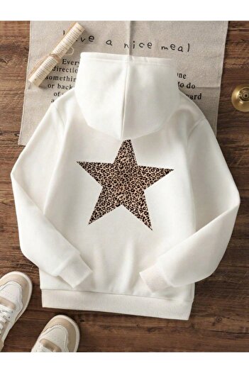 AFROGİYİM Women's Star Back Printed Ribbed 2 Thread Hooded Sweatshirt