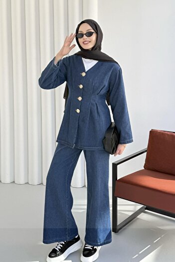 Modaensarbutik Button Detailed Front V-Neck Denim Hijab Set-Dark Blue