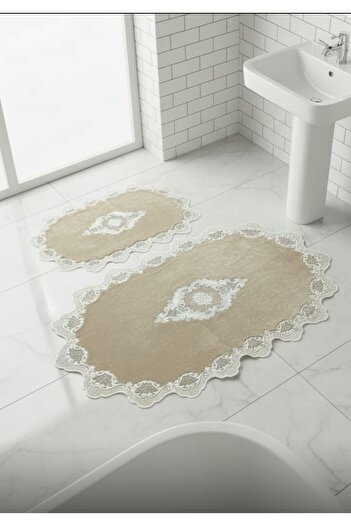 DECORA CASA HOME COLLECTİON Set of 2 Dowry French Lace Appliqued Toilet Seat Bathroom Carpet Mat Set (60X100) and (50X60)