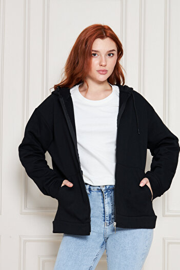 Tight Lady Black Thick Textured Puff 3-Thread Kangaroo Pocket Hooded Zippered Fleece Inside Women's Sweatshirt Cardigan