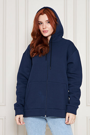 Tight Lady Navy Blue Thick Textured Puff 3-Thread Kangaroo Pocket Hooded Zippered Fleece Inside Sweatshirt Cardigan