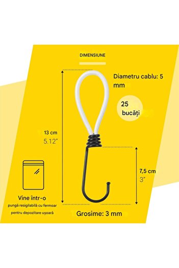 pretex Set of 25 elastic cords,with metal hook,made of resistant latex,13 cm, for fastening, fixing, White