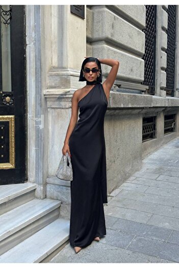 Bak'ap Premium Trend Stylish Satin Long Dress with Scarf Detail