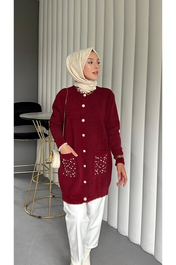 Modamorfo Pearl Detailed Double Pocket Bearded Cardigan - Burgundy