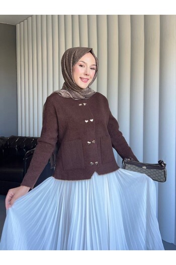 Modamorfo Bearded Cardigan with Heart Buttons and Front Pockets - Brown