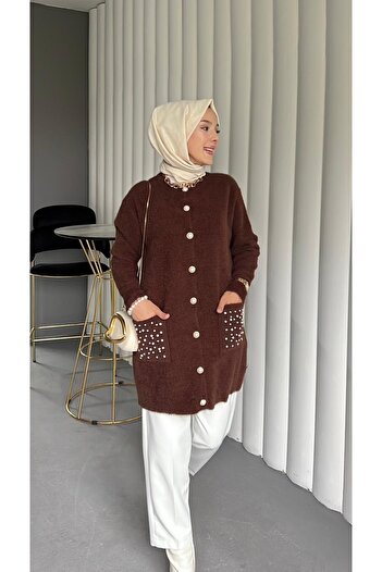 Modamorfo Pearl Detailed Double Pocket Bearded Cardigan - Brown