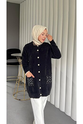 Modamorfo Pearl Detailed Double Pocket Bearded Cardigan -Black