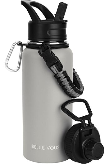 Belle Vous Thermal Water Bottle, Stainless Steel, 2 Lids, 1L, Double Insulation, Gray