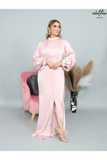 Stylish Elegant pink satin fitted dress with a high neck