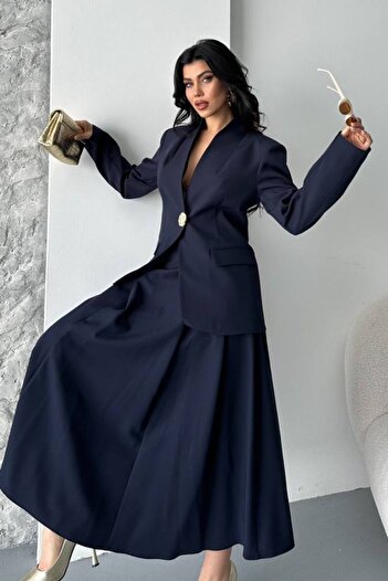 spirituel Women's Two-Piece Suit Stylish Button Detail Stand Collar Blazer Jacket Long Bell Skirt Set