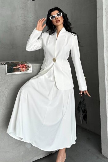 spirituel Women's Two-Piece Suit Stylish Button Detail Stand Collar Blazer Jacket Long Bell Skirt Set